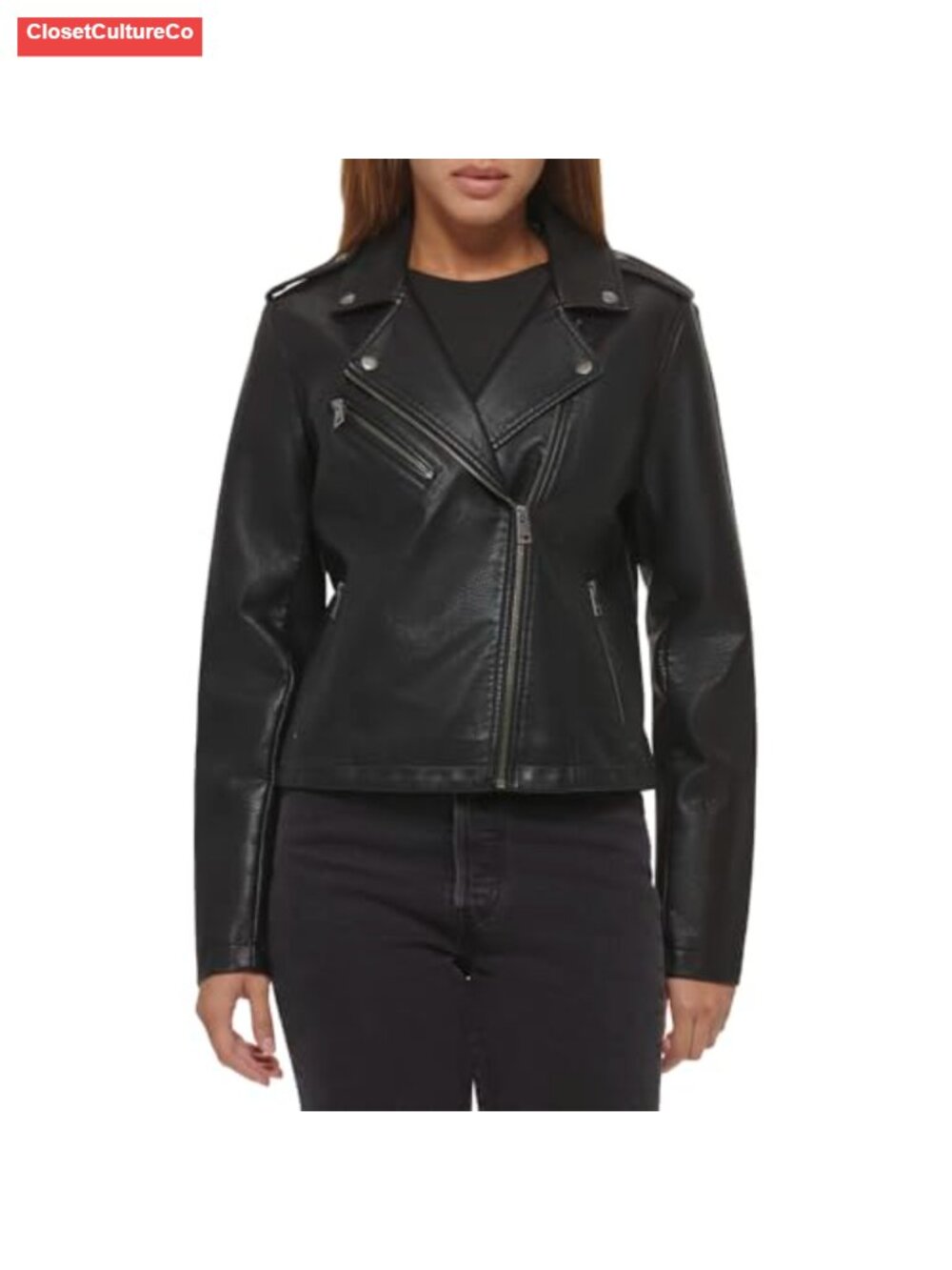 Faux Leather Asymmetrical Moto Jacket Snap Lapels Epaulettes